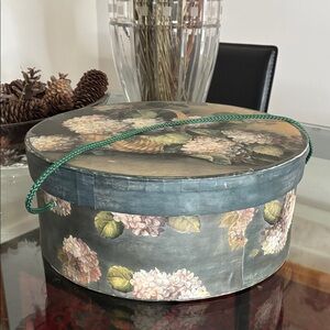 Round Storage Hat Box Hydrangea Floral Design Green Handle vintage